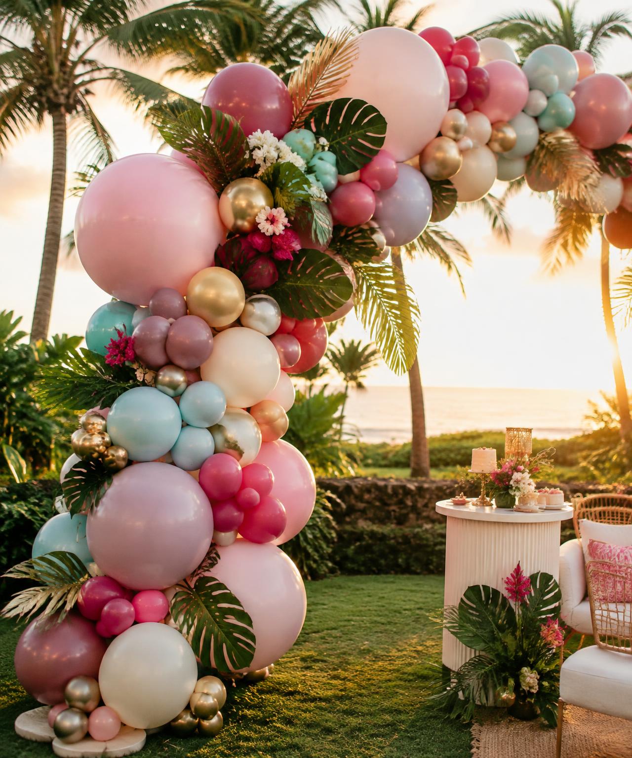 Organic balloon arch in blush, fuchsia, mauve and aqua framing a sunset celebration table on a lawn overlooking the ocean